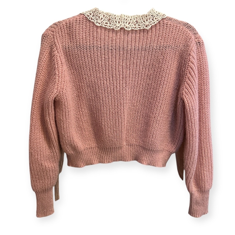 Pink Cropped Cardigan Pearl Button Lace Collar Coquette Cottagecore Womens Small - Picture 3 of 5